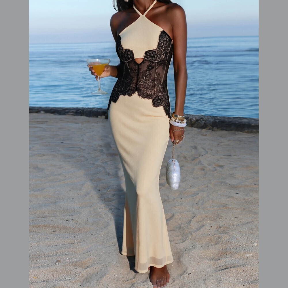 Tan Halter Neck Black Lace Corset Cutout Slim Fit Maxi Dress